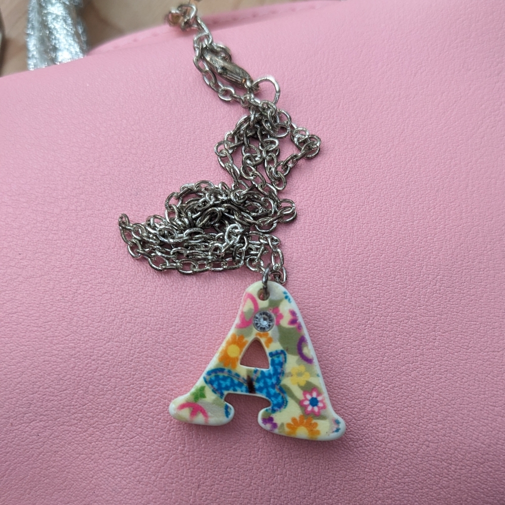 Necklace "A" Pendant Letter With Jewel & Multicolor Floral Butterfly